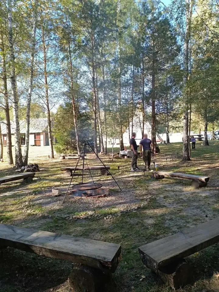 Palenisko otoczone drewnianymi ławami, w tle polana