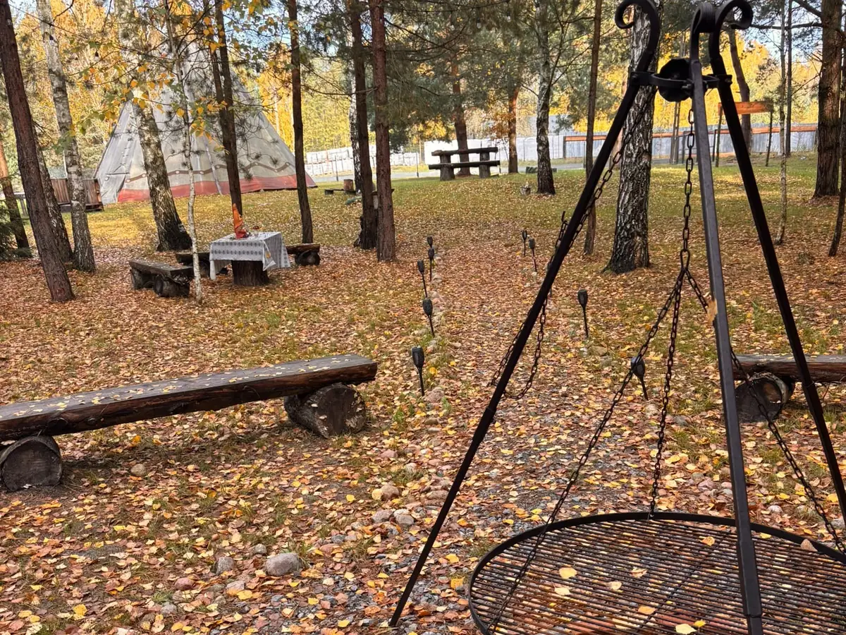Palenisko z rusztem na trójnogu, drewniane ławy i stół pod sosnami, w tle tipi